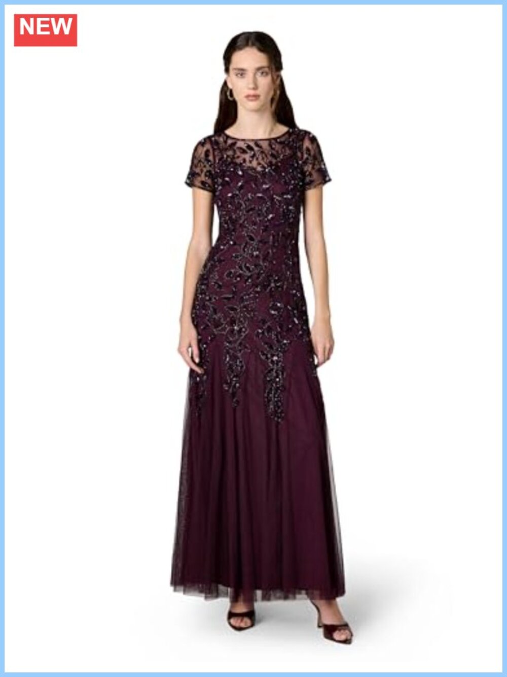 Floral Beaded Godet Gown Illusion Neckline Short Sleeve Formal Evening Dress